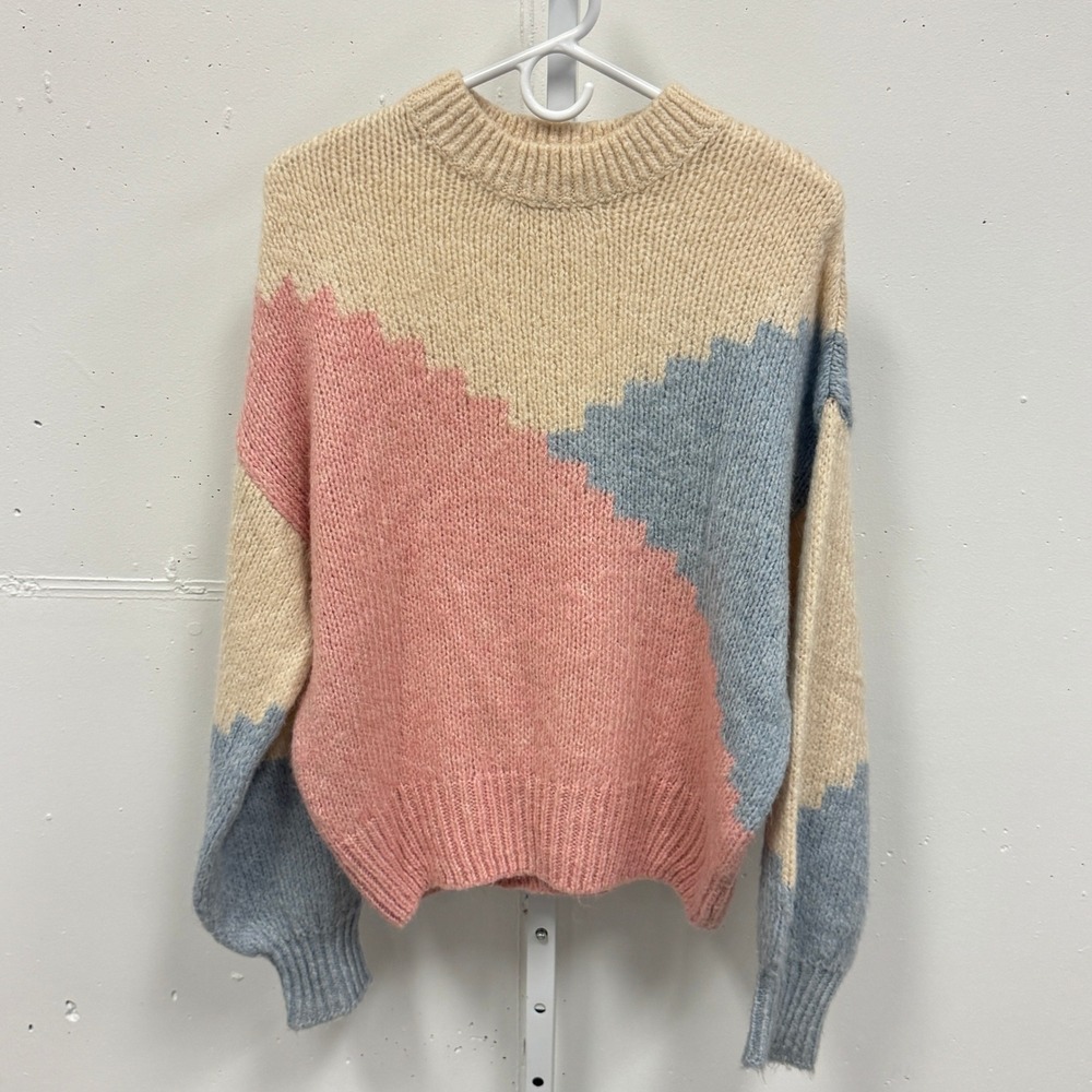 Mango MNG Colorblock Chunky Knit Sweater Large‎ Pink Blue Crew Neck Pullover